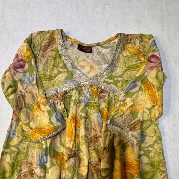 Feather Touch Floral Maxi Dress Womens M Green Sequin Trim Cottagecore Boho - Picture 4 of 12